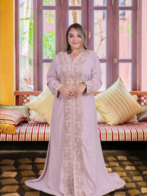 Elegant lavender pink caftan dress with gold traditional embroidery and belt