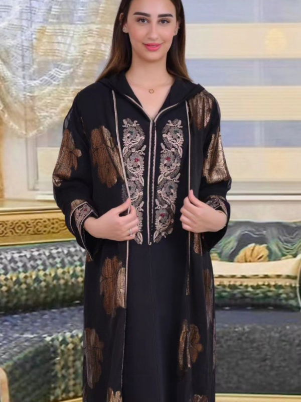 Two-piece djellaba with gold embroidery kimono-style details and elegant design.