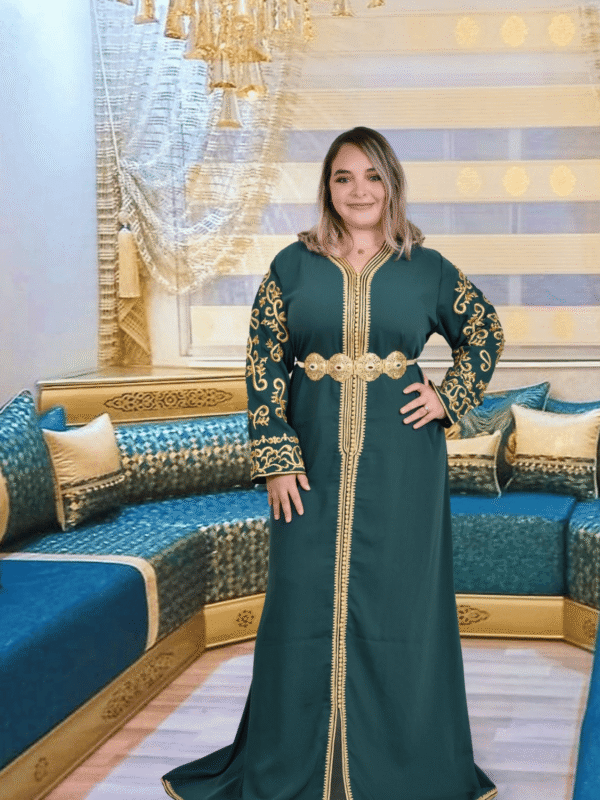 Elegant Moroccan green caftan dress with gold embroidery and feminine design