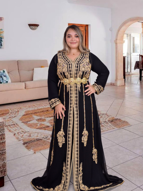 black kaftan dress with delicate gold silk threads embroidery and traditional handcrafted detailing.