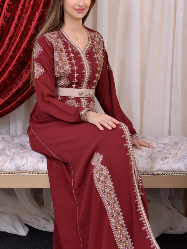 Handmade Moroccan kaftan in red with beige luxury accents