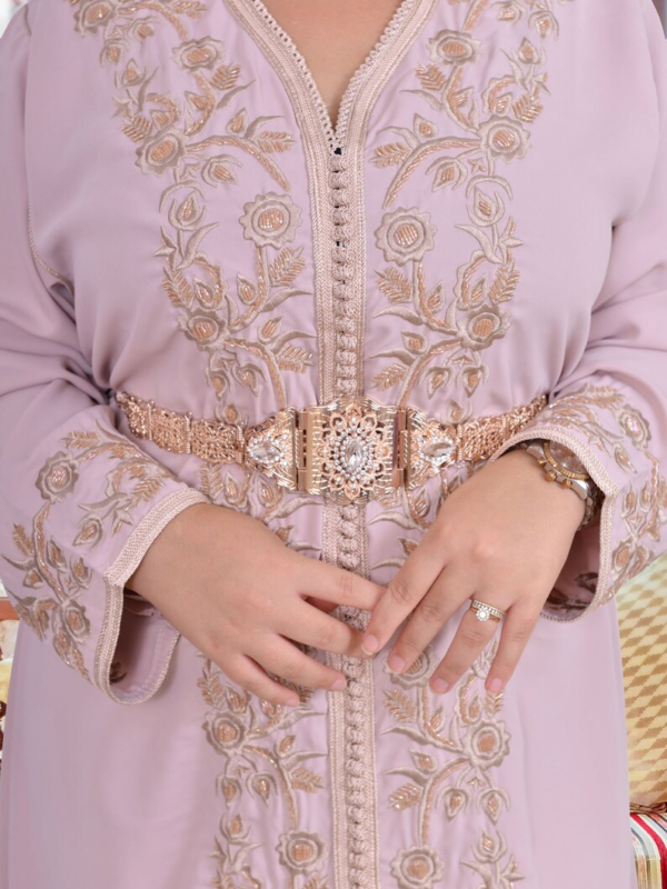 Elegant lavender kaftan dress with gold traditional embroidery and belt