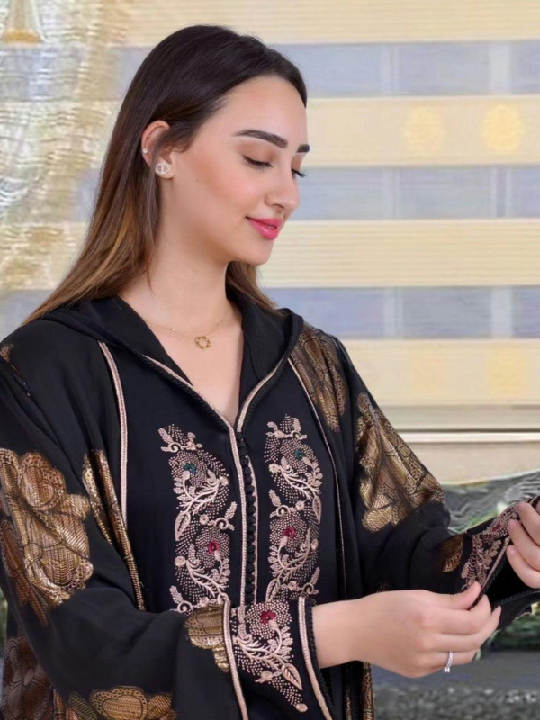Two-piece djellaba with black beaded kimono and refined elegant design.