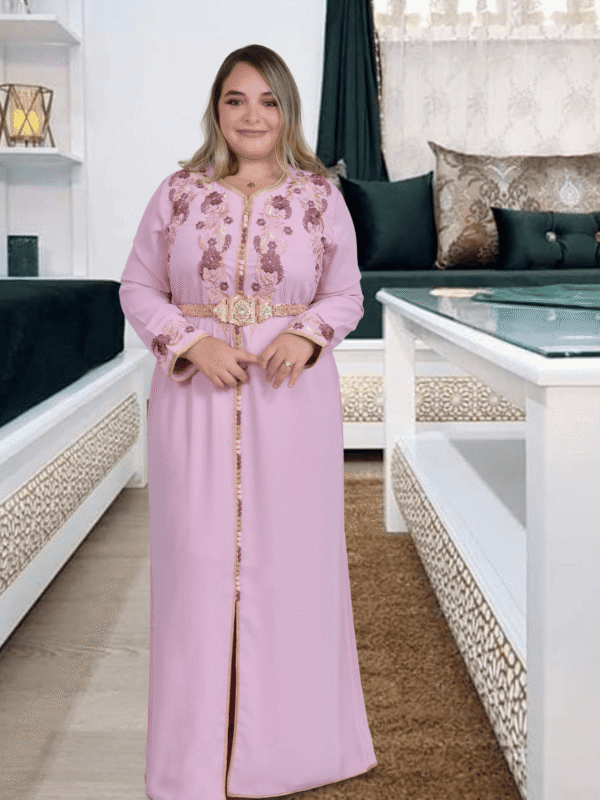 Pink elegant caftan dress with traditional embroidery