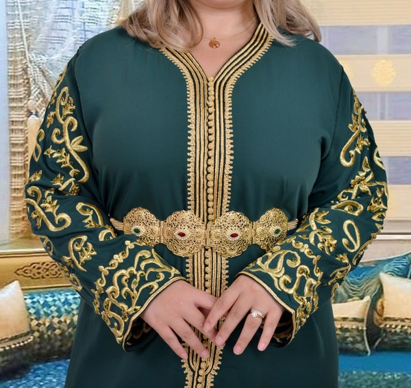 Luxury green kaftan with handcrafted embroidery and decorative belt