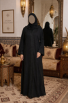 Simple black djellaba with elegant minimal design and refined traditional style.