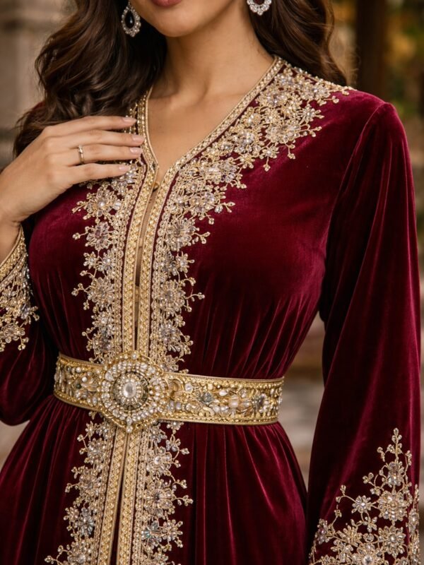 Traditional red kaftan outfit with refined luxury embroidery
