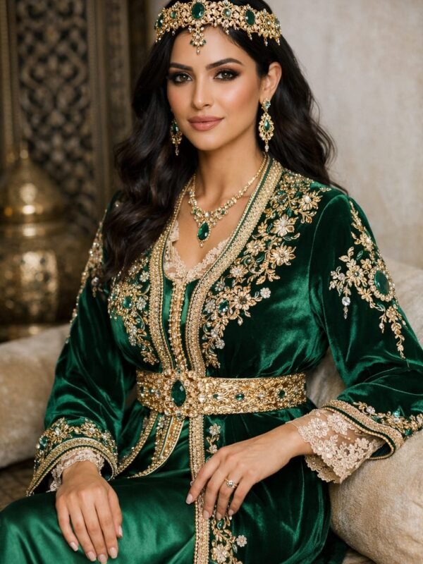 Flowing green Moroccan caftan with elegant traditional detailing