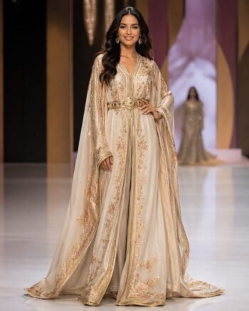 Beige caftan dress with elegant traditional Moroccan design