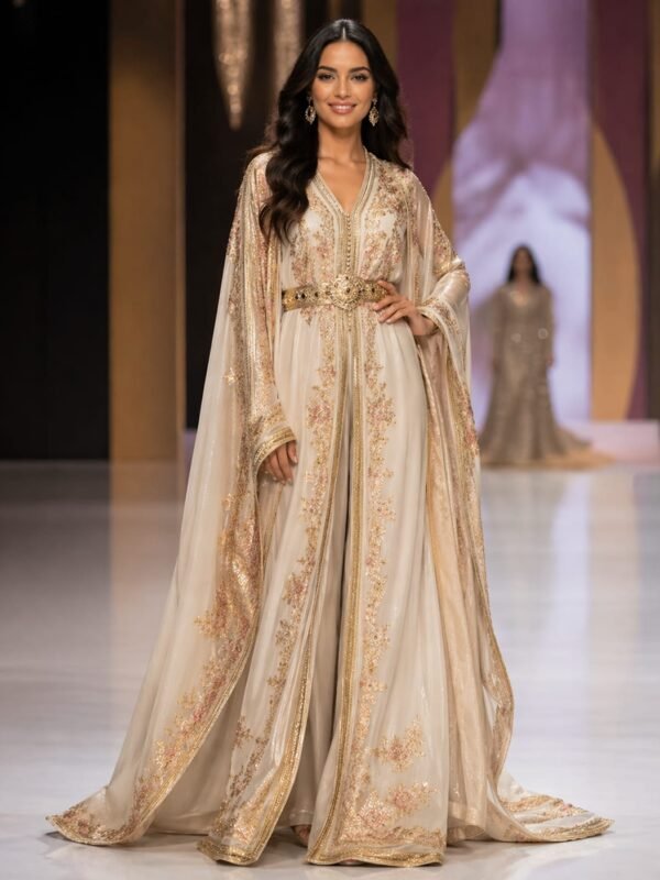 Beige caftan dress with elegant traditional Moroccan design