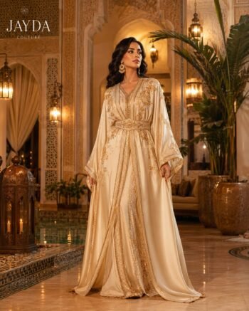 Handcrafted Moroccan beige caftan dress with refined details