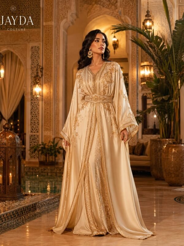 Handcrafted Moroccan beige caftan dress with refined details