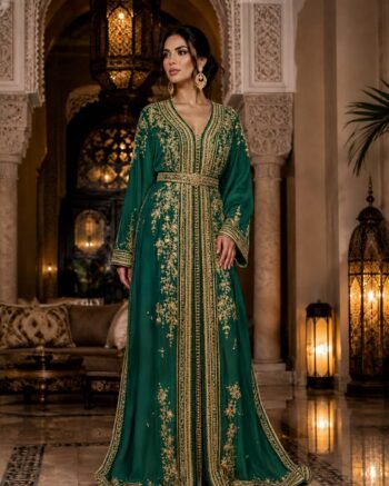 Luxury green caftan dress for wedding guest outfit