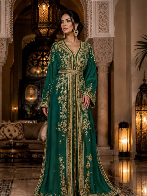 Luxury green caftan dress for wedding guest outfit