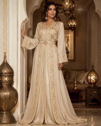 Modern beige Moroccan caftan dress with elegant gold embroidery
