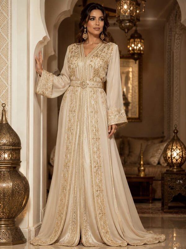Modern beige Moroccan caftan dress with elegant gold embroidery