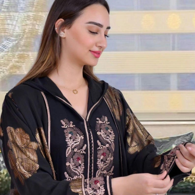 Two-piece djellaba with black beaded kimono and refined elegant design.