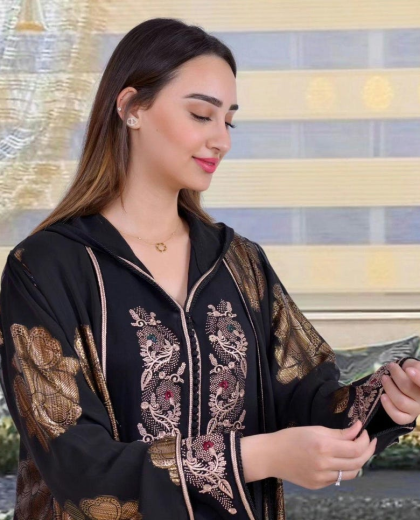 Two-piece djellaba with black beaded kimono and refined elegant design.